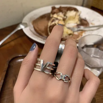 

LISM 925 Sterling Silver Korean Retro Edition Letter V Hollow Ring Female Wild Fashion Jewelry Temperament Handmade Gifts