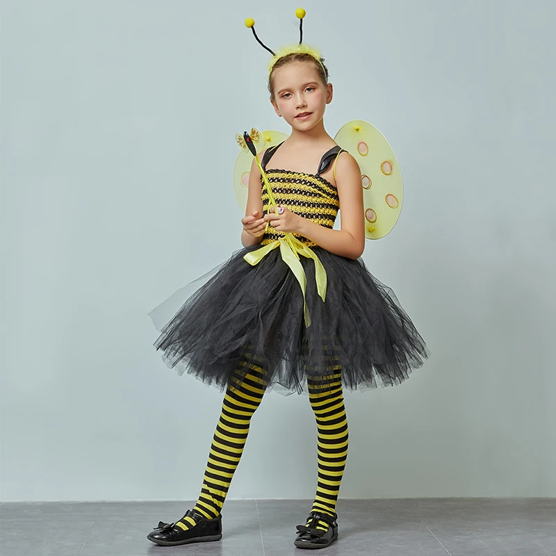 Children Bumble Bee Costume Set Girls Tutu Wings & Headband Yellow Black Kids Fancy Dress Halloween Dress Up Party Clothes (2)