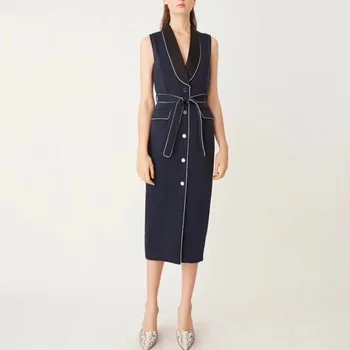 

DEAT 2020 new summer fashion V-neck sleeveless metal diamonds over knee length navy and white vest dress high quality WM0