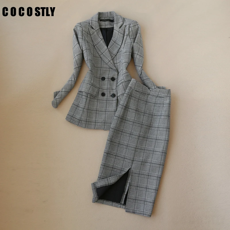 Модный костюм с юбкой в клетку женская обувь высокого качества Slim fit двубортное