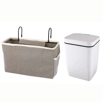 

1 Pcs Bedside Dorm Hanging Canvas Organizer & 1 Pcs 12L Home Inductive Automatic Sensor Dustbin Waste Bin Smart C
