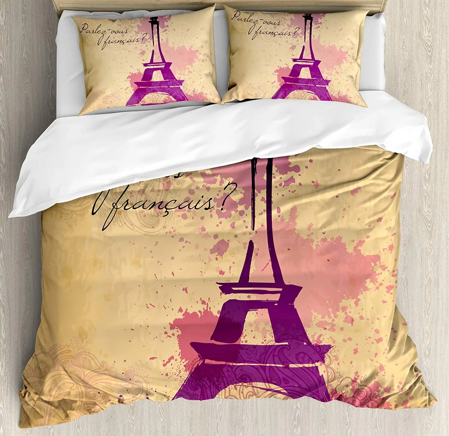 Eiffel Tower Duvet Cover Set French Cursive Wordprint Eiffel