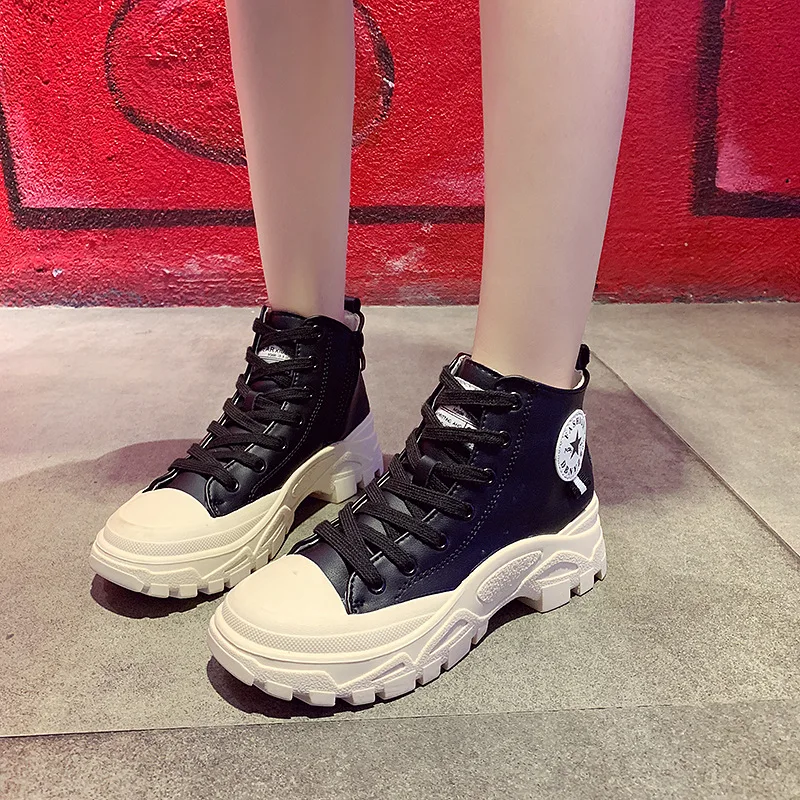 

Autumn Chunky-Heel Waterproof Platform Lace-up Hight-top Shoes Women's Trend Casual Martin Boots Semi-high Heeled Mixed Colors W