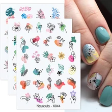 1 folha de flor folha água decalques abstrato linha face transferência decalques adesivos para unhas primavera verão série decoração dicas floral