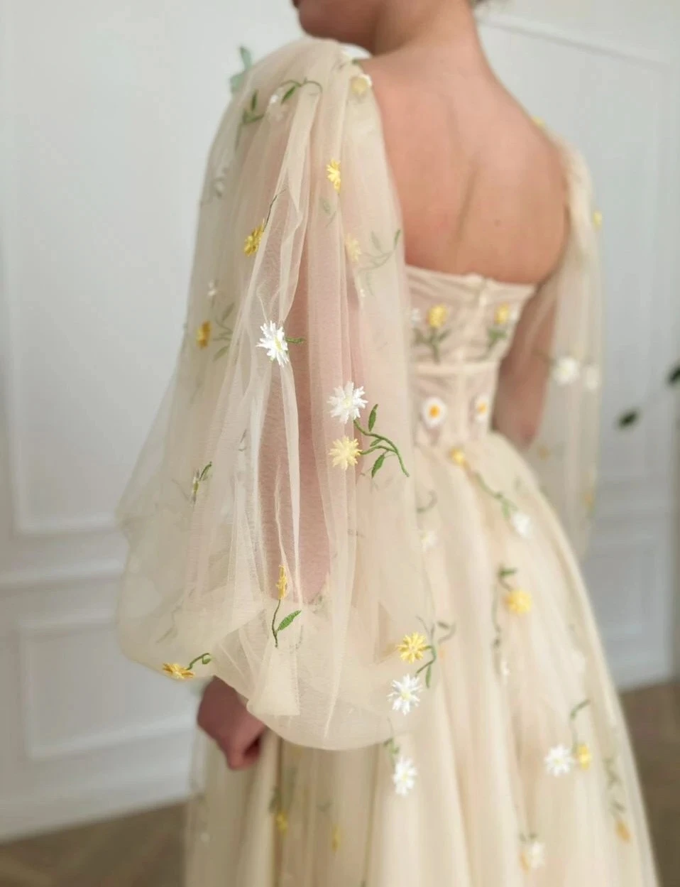 LORIE Square Neck Prom Dresses Long Puff Sleeves Embroidery Tulle Prom Gowns A-Line Ankle-Length Wedding Party Dresses