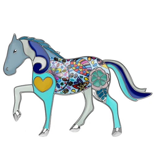 Bonsny, эмалированный сплав, цветочные цветные Броши с лошадью, одежда, булавки для шарфа, ювелирные изделия в виде животных для женщин, девушек, подростковые вечерние украшения в подарок - Окраска металла: Light Blue