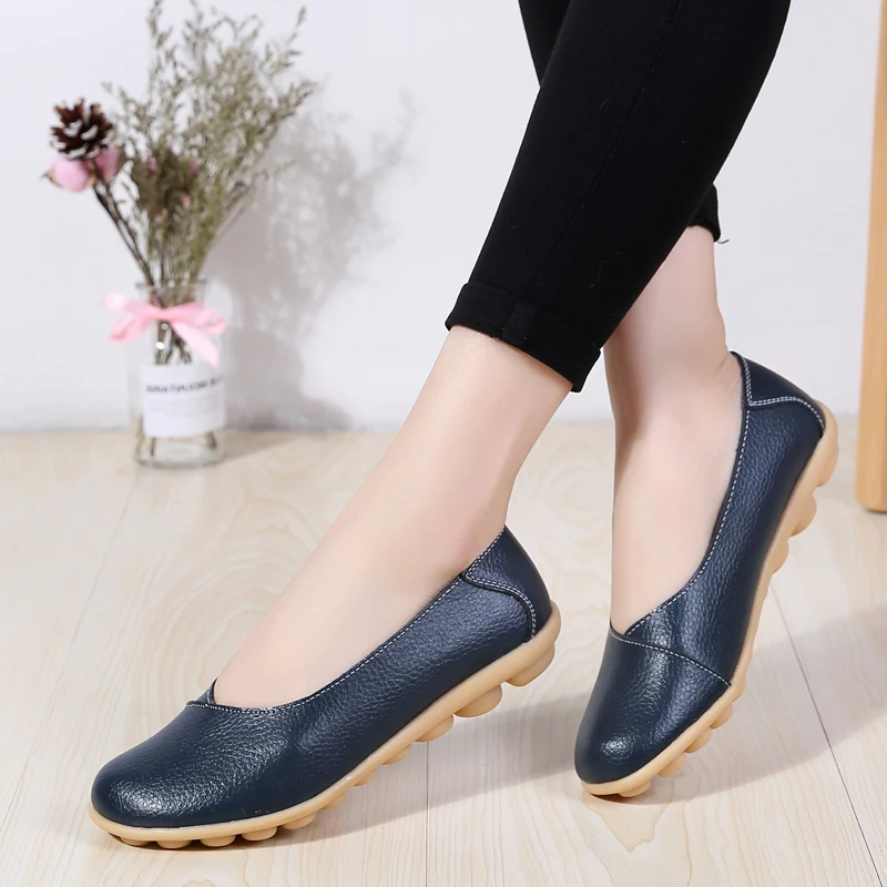 Women's Loafers Flats Cow Genuine Leather Non Slip On Zapatillas Mujer Ballet Mother Shoes