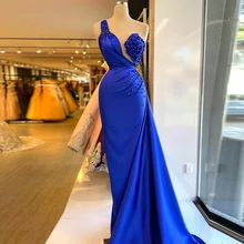 

Royal Blue Prom Dresses 2021 African One Shoulder Formal Evening Party Gowns Beads robes de mariée