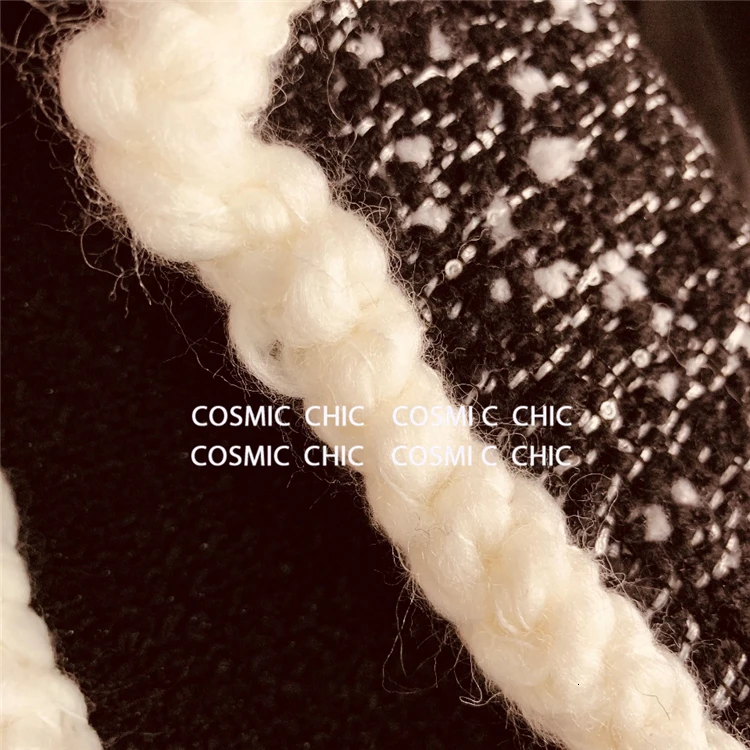 Cosmicchic SS женское дизайнерское шерстяное твидовое пальто черного и белого цвета с отворотом и боковыми карманами, теплые куртки с отворотом, роскошное пальто