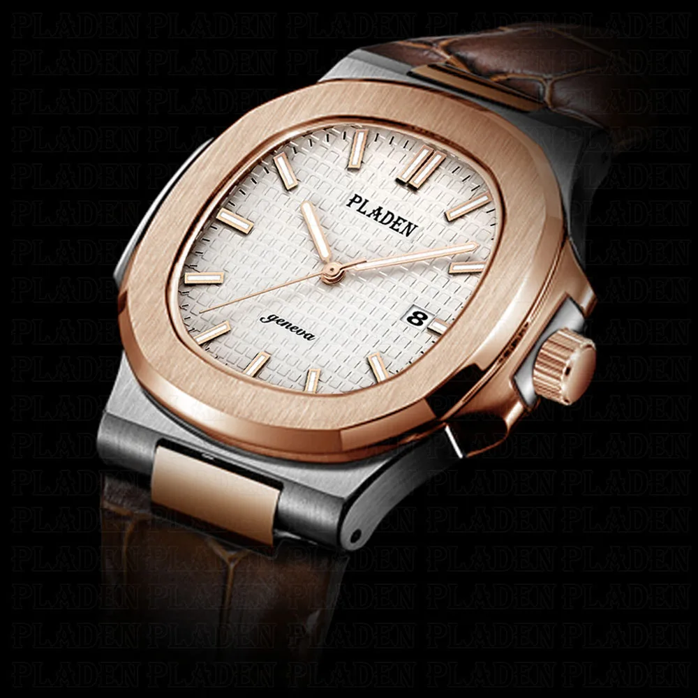 

PLADEN Fashion Men's Watch Rose Gold Shockproof Waterproof Fashion Watch White Octagon Case Leather Band Reloj Hombre #PL1002