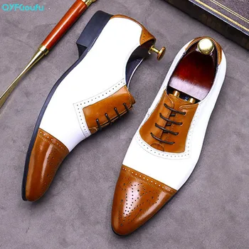 

QYFCIOUFU 2020 Brand Genuine Cow Leather Business Men Dress Shoes Color Matching Oxford Shoes For Men Shoes Wedding 3 Colors