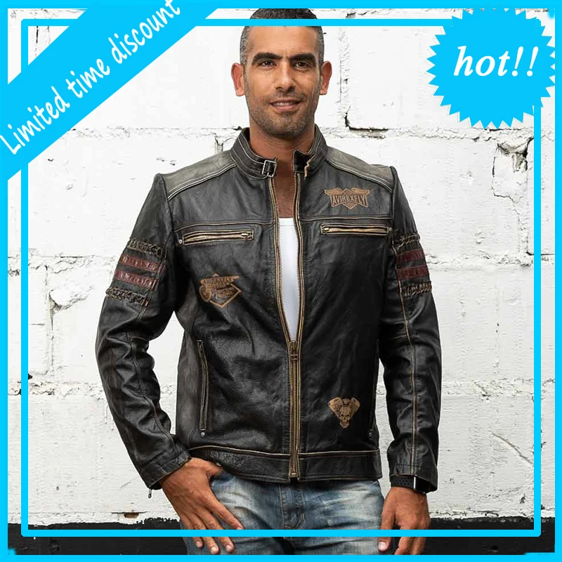 

2020 Men's New Genuine Leather Jacket Brand Vintage Soft Cowhide Motorcycle Biker Embroidery Coat Spring Autumn Casual Jacket
