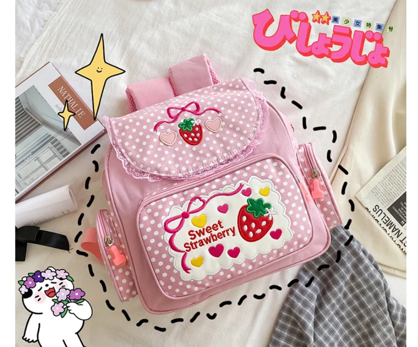2021 New Arrival! Cute embroidery fruit strawberry lace backpack