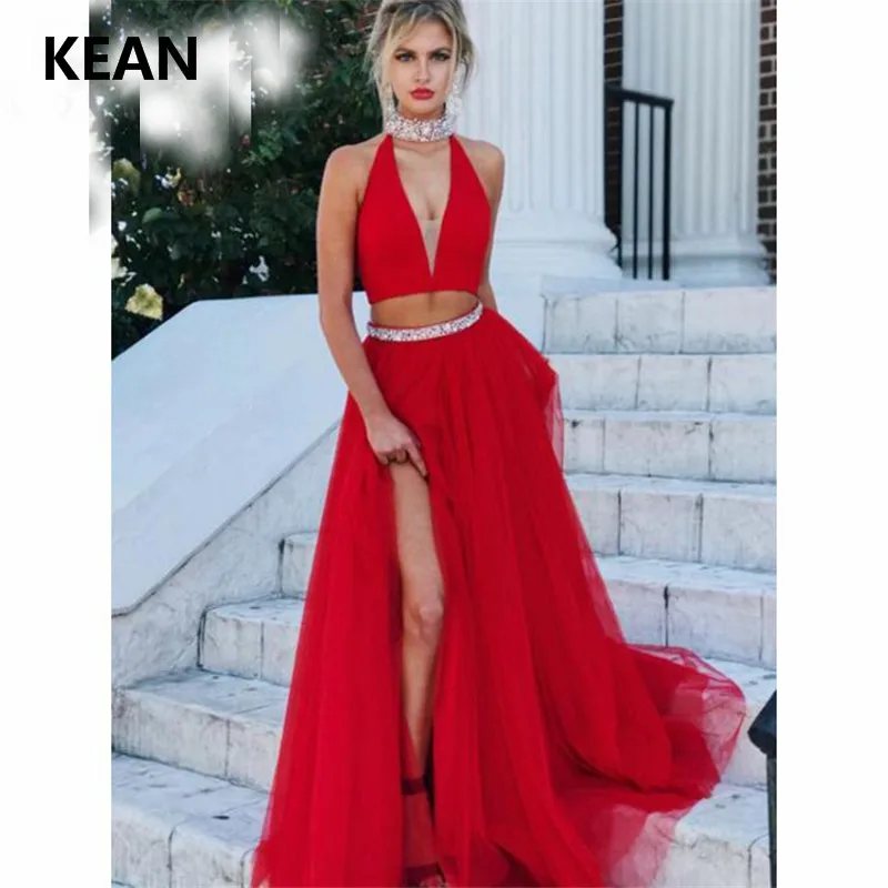halter neck red prom dress