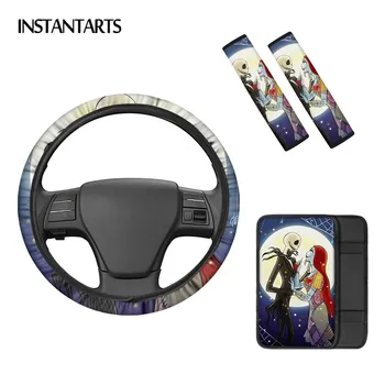 

INSTANTARTS Nightmare Before Christmas Printed Easy Clean Steering Wheel Cover Soft Car Console Cover Safety Belt Cover Pads