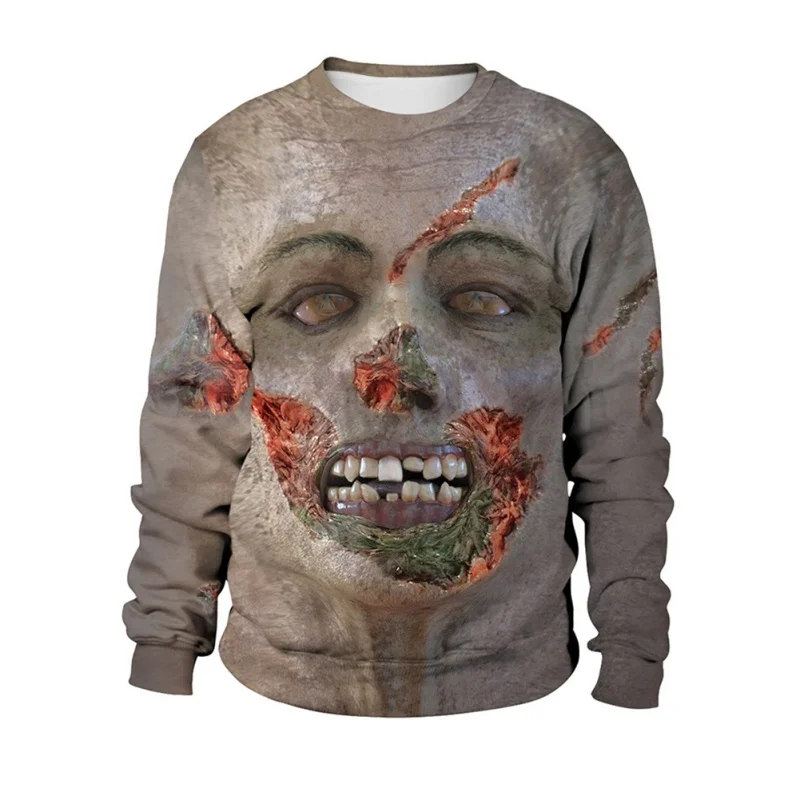 

Hoodie Women Halloween Ghost Festival Street Sweater 3D Digital Print Horror Zombie Couple Round Collar Sweater Gray 2XL