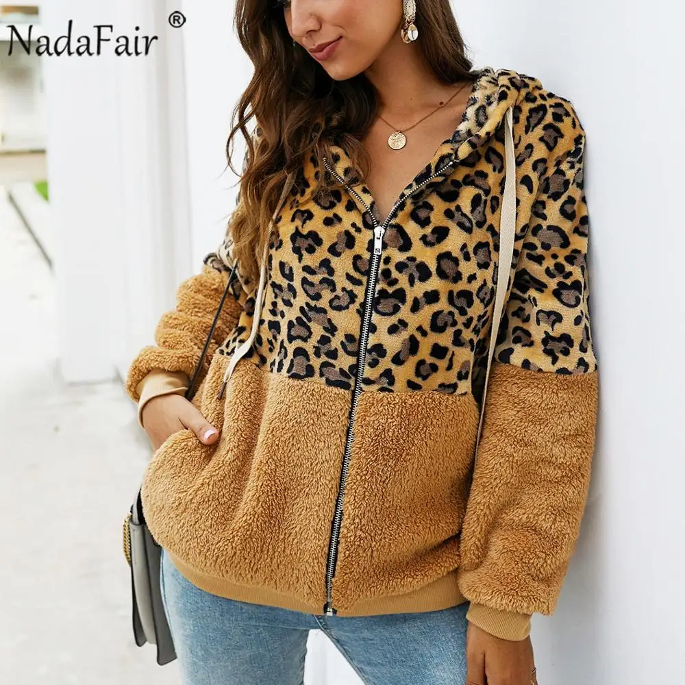 Kopen Nadafair Leopard Patchwork Vrouwen Teddy Jas Herfst Hooded Fluffy Pluche Winter Faux Fur Jas Jas Vrouwen Plus Size Overjas