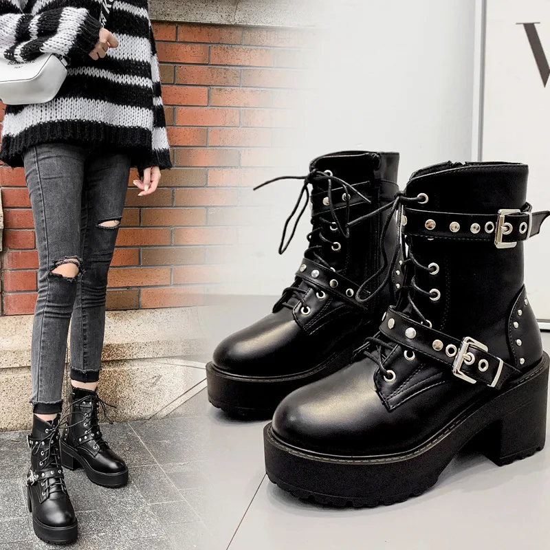 

Leather Booties Rock Shoes Woman Lace Up Boots Zipper Clogs Platform Winter Women Chunky Heel Rivets Round Toe Martins Riding
