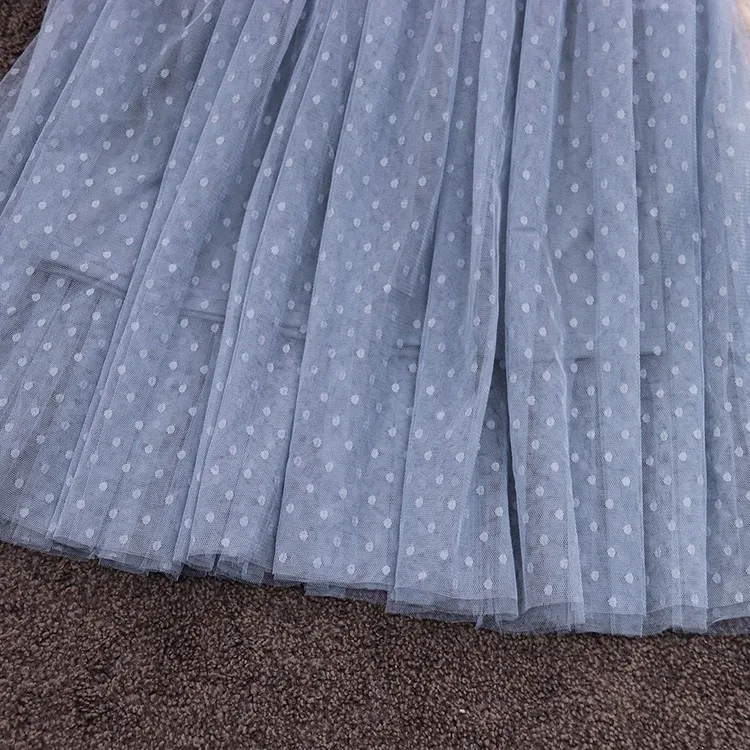 V-neck Gauze Bubble Sleeve Buttons Mesh Lace A-line Dress