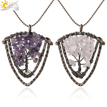 

CSJA Handmade Natural Stone Pendants Necklaces for Men Tree of Life Wire Wrap Chip Beads Vintage 7 Chakra Crystal Jewelry G329