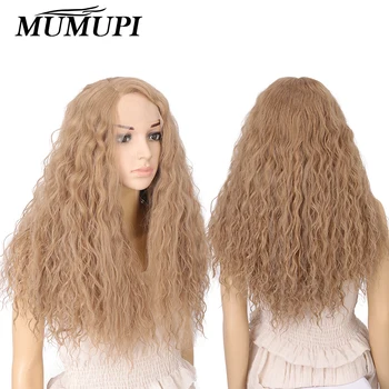

synthetic long blond curly LACE FRONT WIGS cosplay yellow WIG fluffy HAIR black women heat resistant ombre 28 INCHES MUMUPI