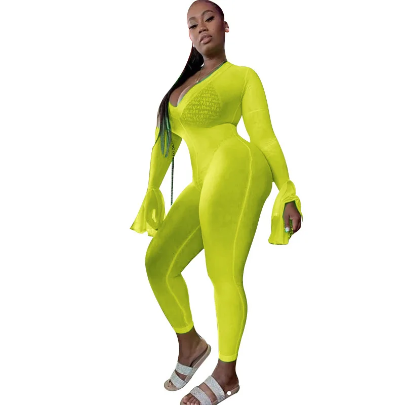 ANJAMANOR неоновые прозрачные сетчатые сексуальные комбинезоны для женщин вечерние Клубные костюмы большого размера, расклешенные бодикон Облегающий комбинезон с длинными рукавами D37-AB45 - Цвет: neon green