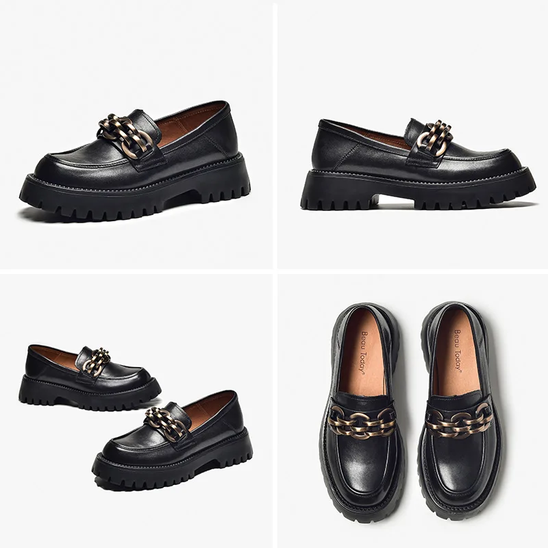 BeauToday Metal Chain Loafers Women Genuine Cow Leather Slip On Trend Ladies Shoes Mary Janes Chunky Flats Handmade 27788