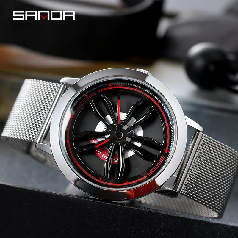 SANDA специальная модель колеса, кварцевые наручные часы с вращающимся циферблатом, качественные часы с застежкой-крючком и стальным сетчатым ремешком, модные деловые мужские часы 1009