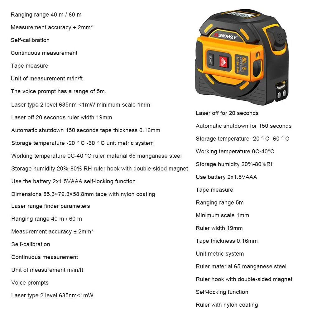 2 In 1 Tape Measurer Digital Measure Laser Rangefinder LCD Digital Display Handheld Infrared 60M 40M Electronic Ruler