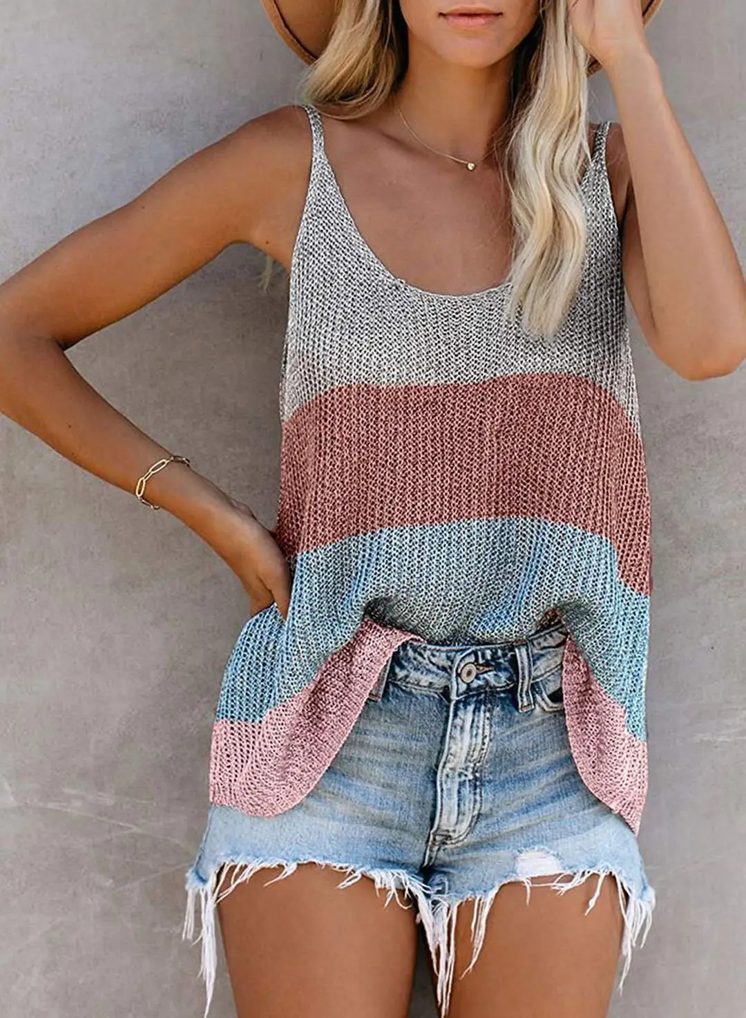 Colisão o Pescoço sem Mangas Sexy Tank Tops Verão Feminino Malha Colete Cor v Pescoço Camis Topos Casual Solto Camisola Tamanho Grande 10 High Quality Moda Feminina