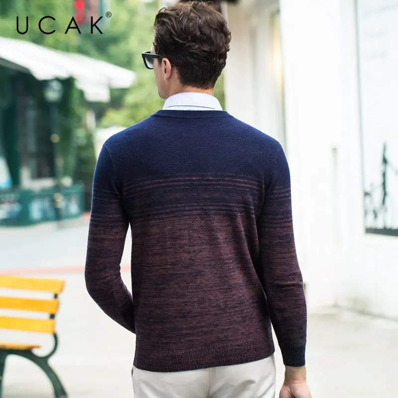 UCAK Brand Merino Wool Sweater Men Autumn Winter Thick Cashmere Pullover Men Fashion Gradient Color Men Sweater Pull Homme U3055