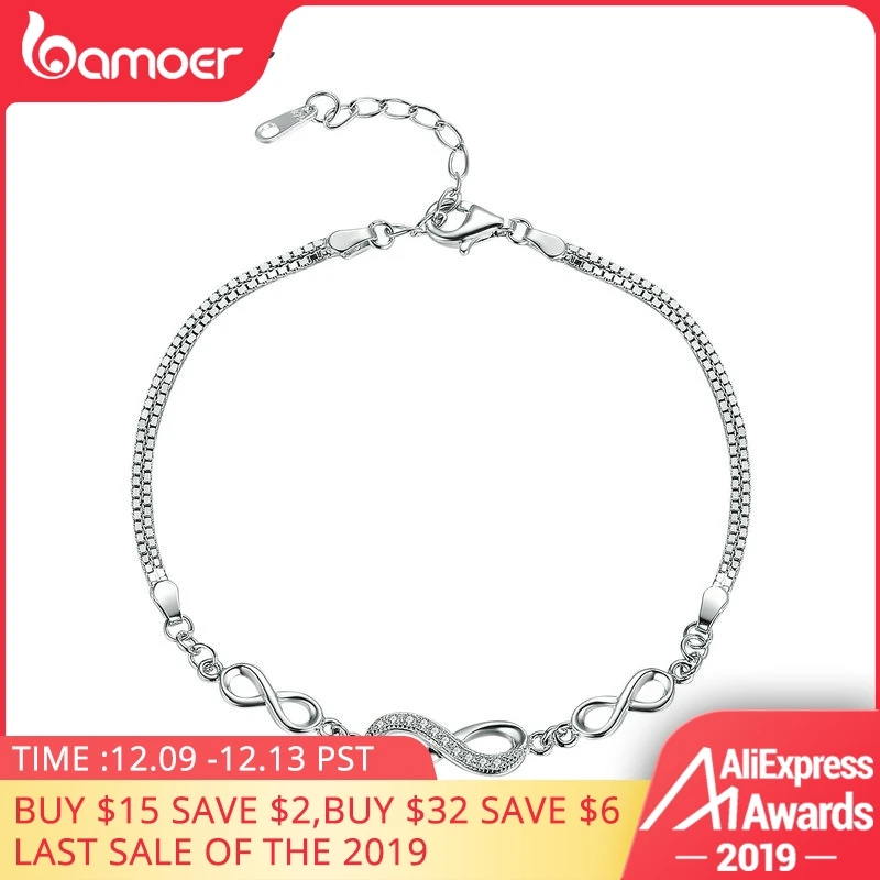 Economici BAMOER Autentico 925 Sterling Silver Endless Love Infinity Catena di Collegamento Regolabile Braccialetto Delle Donne Gioielli In Argento di Lusso SCB037