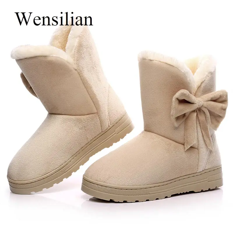 

Winter Women Ankle Boots Butterfly Knot Snow Boots Slip on Round Toe Platform Shoes Flock Bow Tie Botines Black Botas Mujer