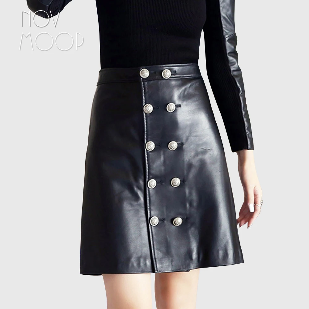 

Novmoop Europe casual style women spring black A-line high waist sheepskin genuine leather skirt with button decor falda LT2993