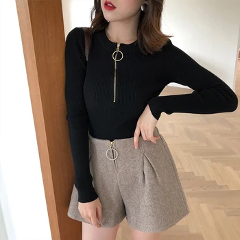 

QRWR 2020 Autumn Winter Women Sweater Fashion New Korean Style O Neck Long Sleeve knitted Slim Fit Zipper Basic Sweater Women