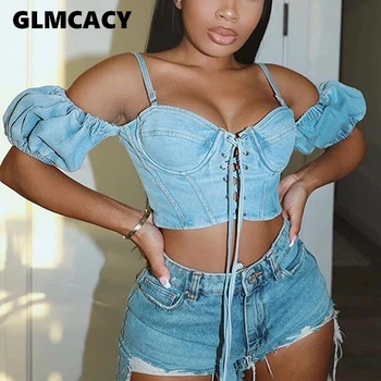 

Women Cold Shoulder Denim Top String Short Style Streetwear Chic Tops