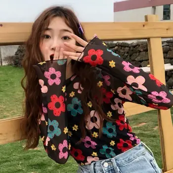 

Flower long-sleeved T-shirt female thin section mesh bottoming shirt Jin Yuya with the same jacket