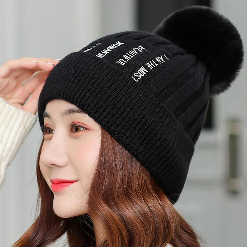 Skullies Beanies зимняя женская шапка вязаная теплая шапка с помпоном Модная брендовая теплая вязаная шапка плюс бархат
