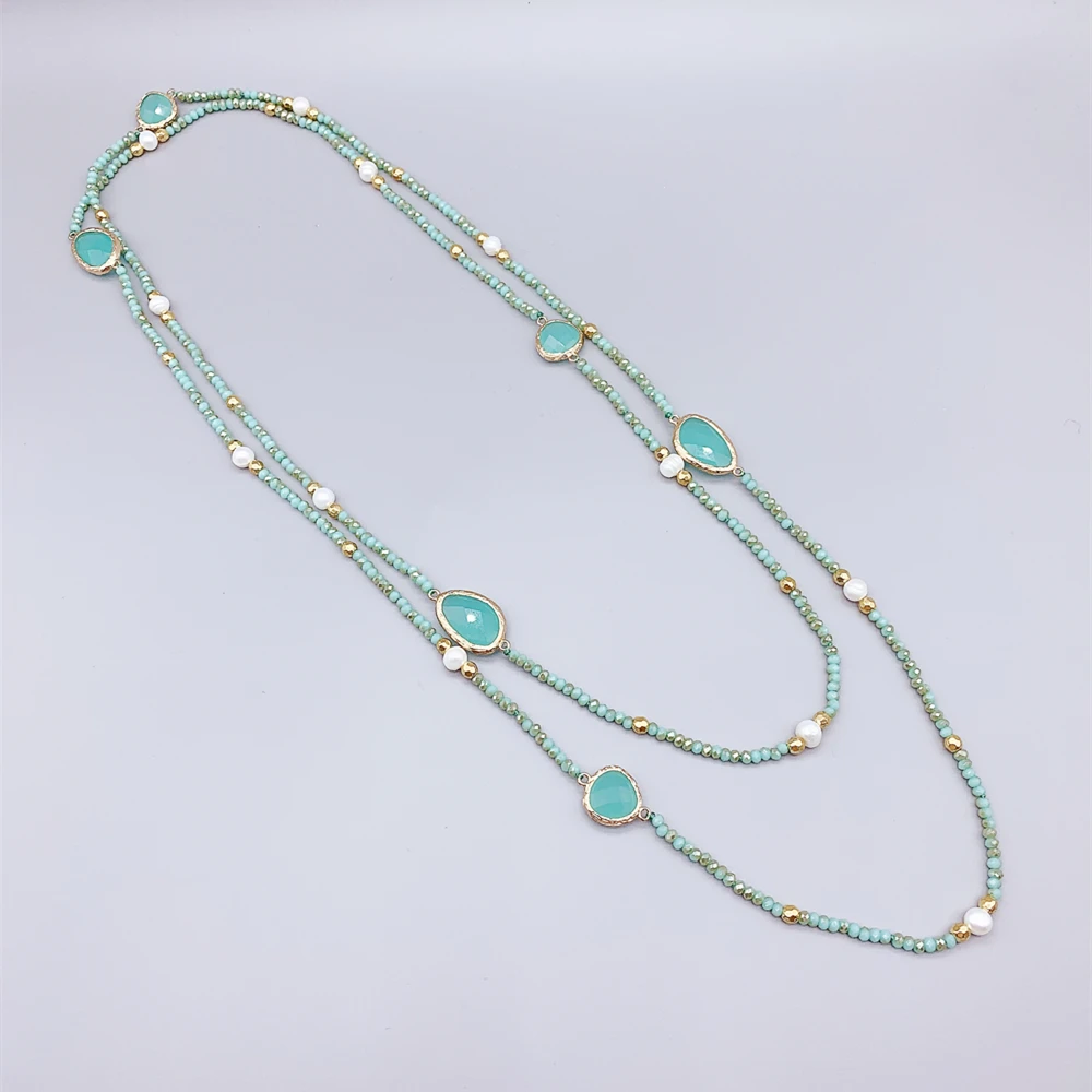 Faceted Cut Irregular Aqua Quartz Long Necklace With 5-6mm White Freshwater Pearls 2mm Crystals And Hammered Gold Beads 50 Inch
