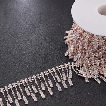 

10yards/lot 4.2cm rose gold fringe trimming crystal rhinestone tassel appliques for wedding dress glass belt patch accessories
