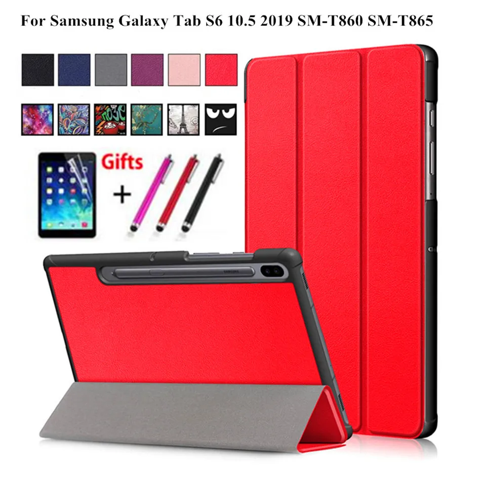 Чехол для Samsung Galaxy Tab S6 10,5 SM-T860 SM-T865 2019 10,5 "Smart Cover Funda Tablet PU складной чехол-подставка + пленка + ручка