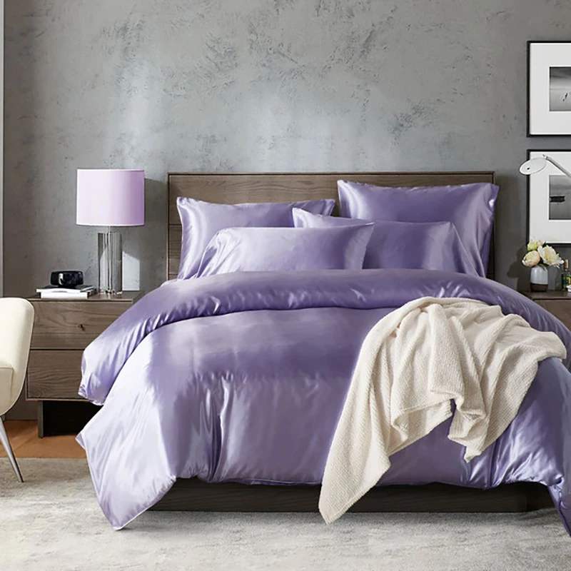 Modern Wedding Silk Bedding Sets Queen Solid Color Purple Duvet Cover Luxury Bed Set Single Double 3