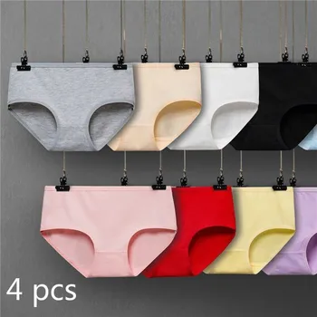 

4 Pcs/pack Cotton Briefs Panties Plus Size Underwear Women Intimates Mid-Rise White Pink Grey Purple Blue Black Sale 2020 New