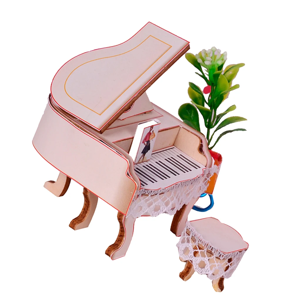 Dollhouse Musical Instruments Model, Piano with Stool Set, 1/24 Scale Dolls House Musical Room Furnishings