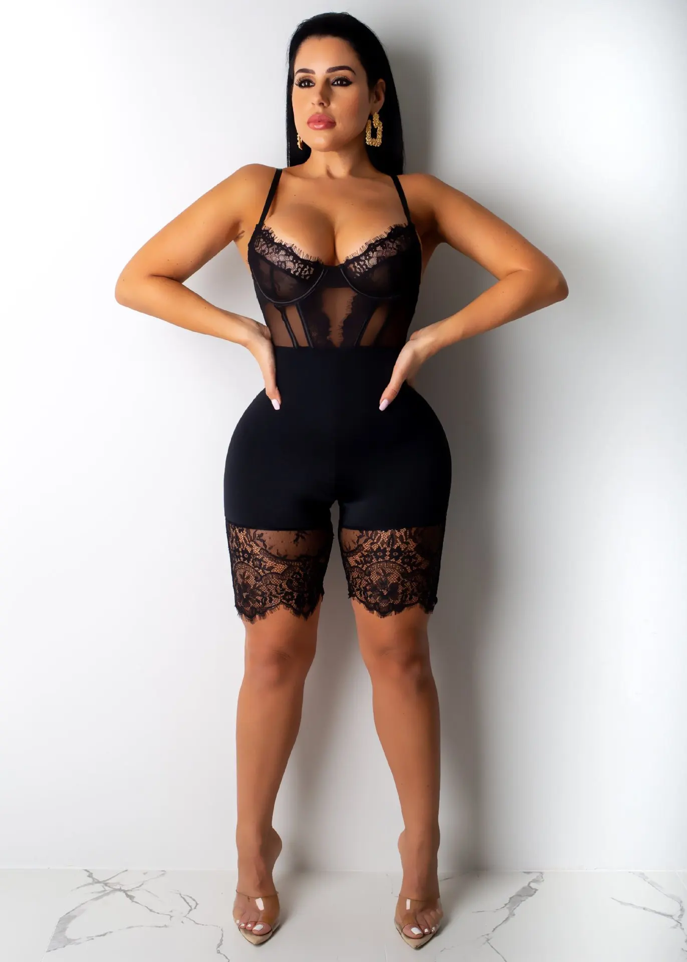 Sexy Spaghetti Straps Bodaysuit Lace See Through Sleeveless Short Romper Women Jumpsuits Solid 6 Color Overalls