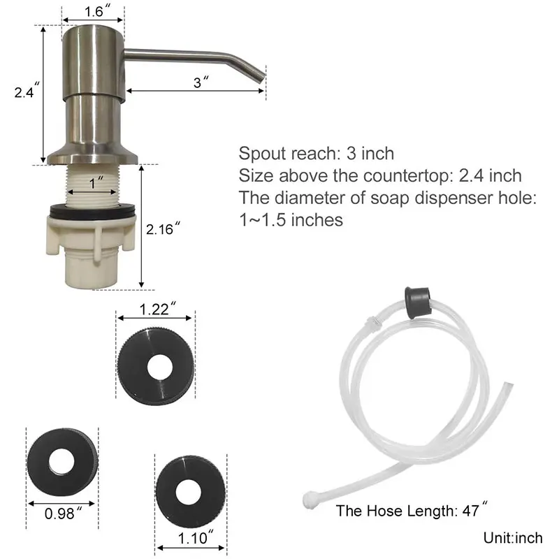 Soap Dispenser for Kitchen Sink Tube Kit, Stainless Steel Hand Soap Dispenser, 47" Tube Connects Directly to Bottle