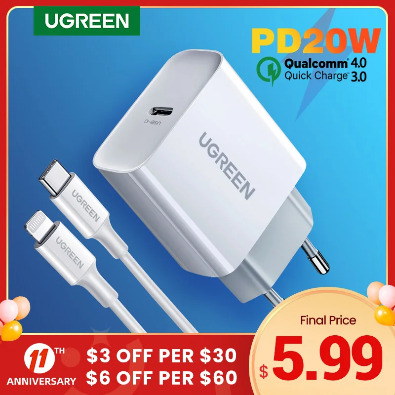 UGREEN Quick Charge 4.0 3.0 QC PD Charger 20W QC4.0 QC3.0 USB Type C Fast Charger for iPhone 12 X Xs 8 Xiaomi Phone PD Charger