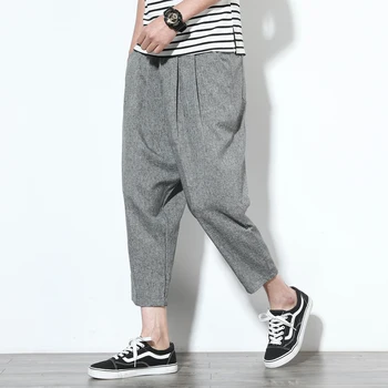 

New Mens Linen Pants Straight Pants Cotton Street Casual Loose Solid Waist Wide Leg Sweatpants Elastic Waist Ankle-Length Pants