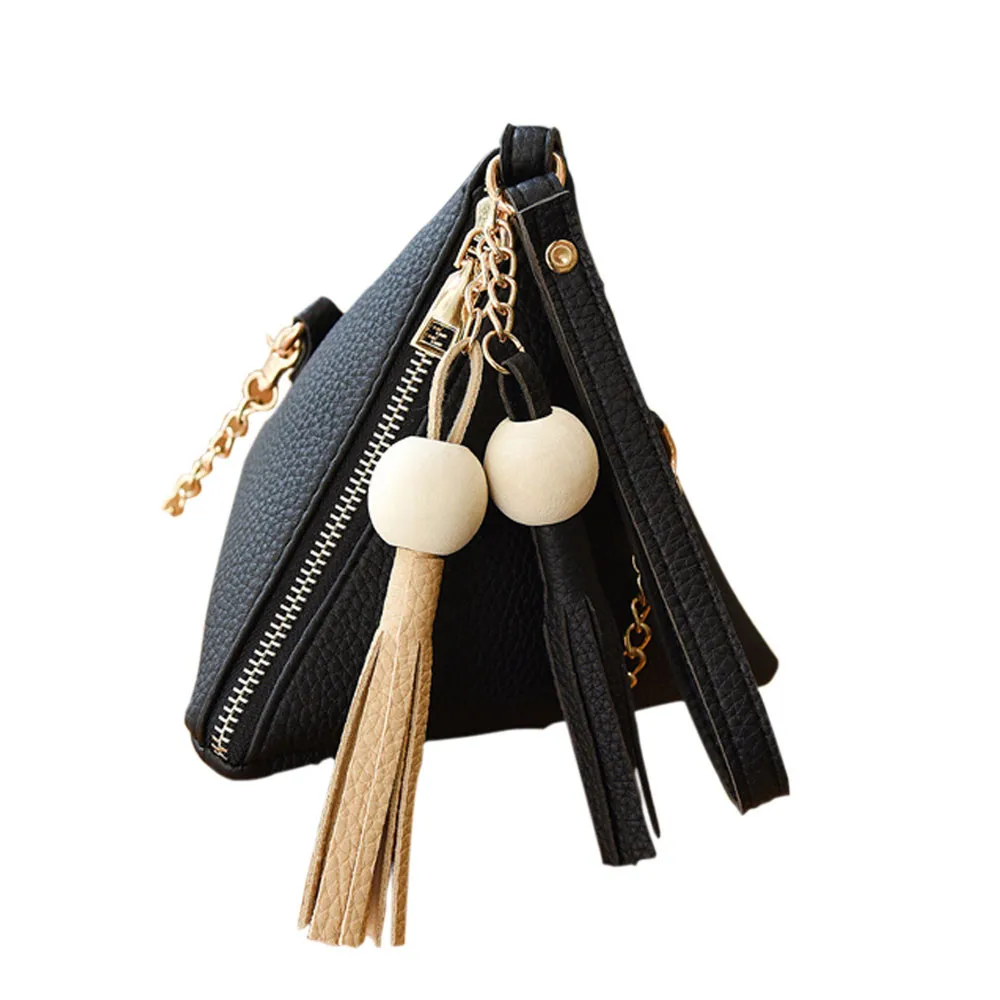 Мини треугольный женский клатч пельменей сумка через плечо ремешок для сумки-ристлет Маленькая женская сумка с кисточками женские клатчи Повседневная телефонная упаковка - Цвет: Черный
