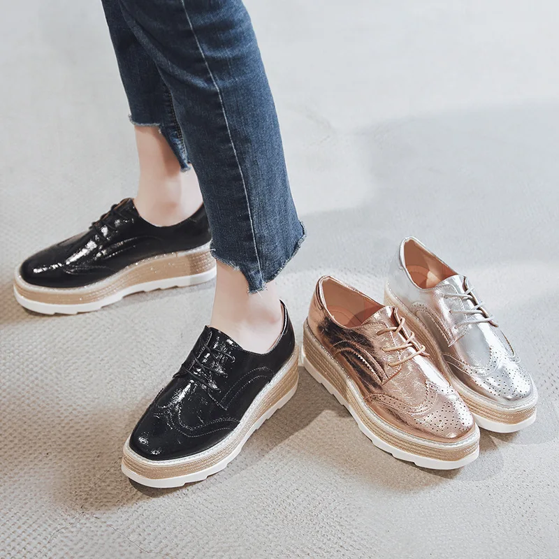 Women Hollow Out Leather Platform Oxford Flats Gold/Silver Square Toe